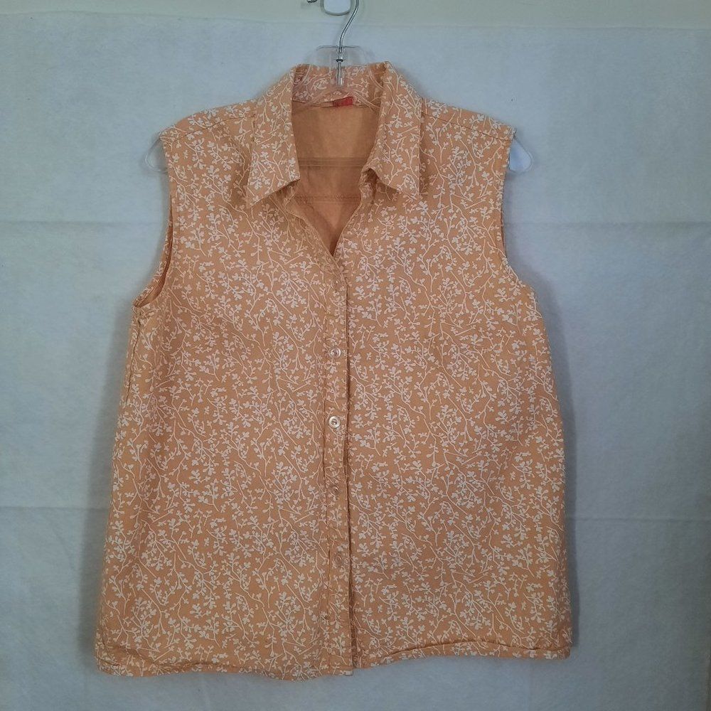 Shelly David Peach Floral Pattern Sleeveless 100% Cotton Blouse Size 14
